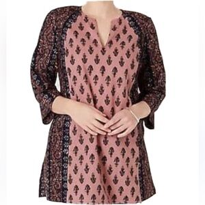 Sz S J Jill Pure Jill Boho Pink Folkloric Stamped Tunic Shirt Cotton Linen Blend